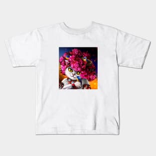 Cute white cat in the pink wreath Kids T-Shirt